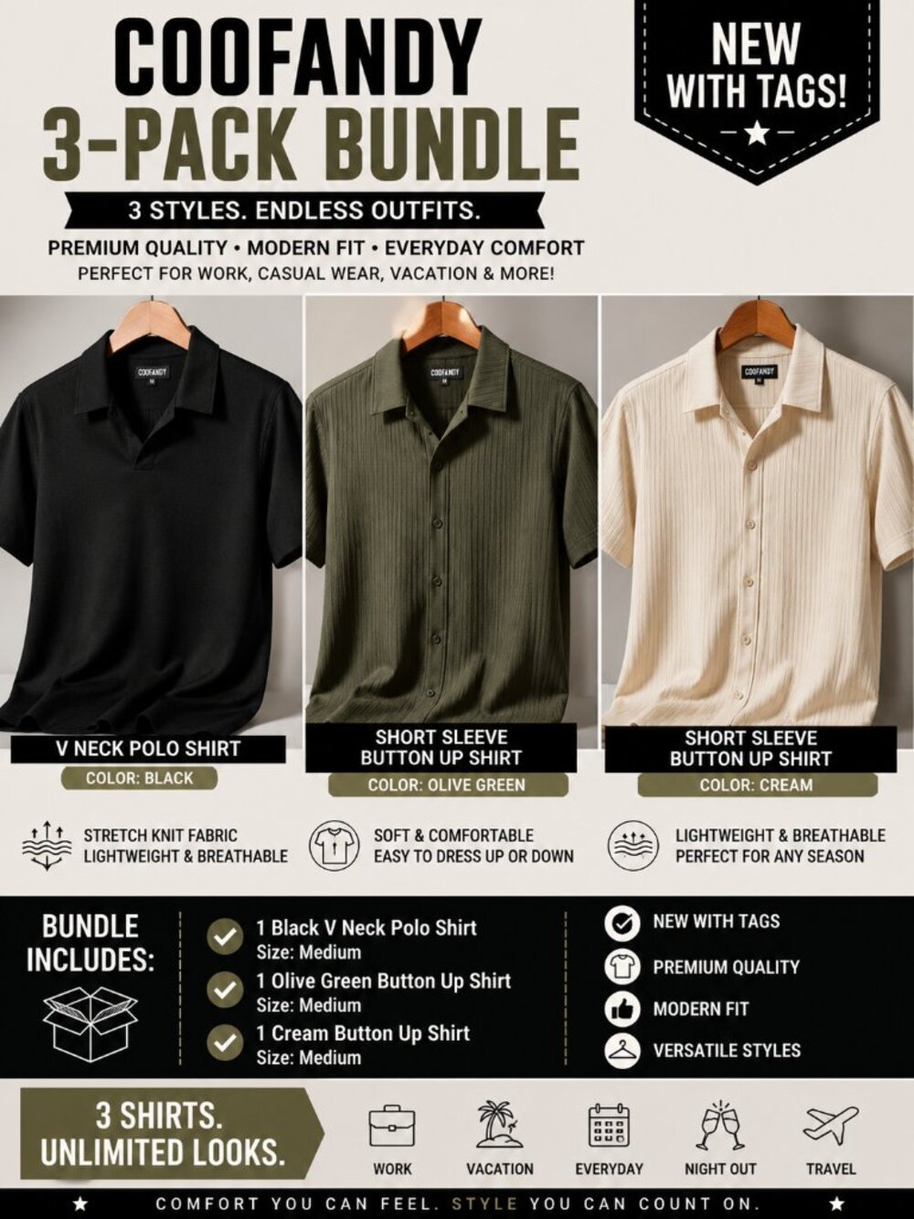 COOFANDY Men’s Shirts 3-Piece Bundle Black Olive Cream Size M NWT